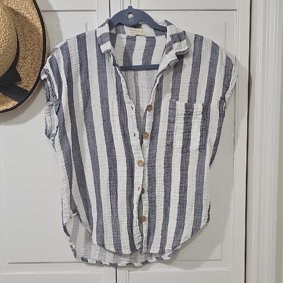 Just Living Tops - Just Living Navy & White Striped Button-Up Shirt
